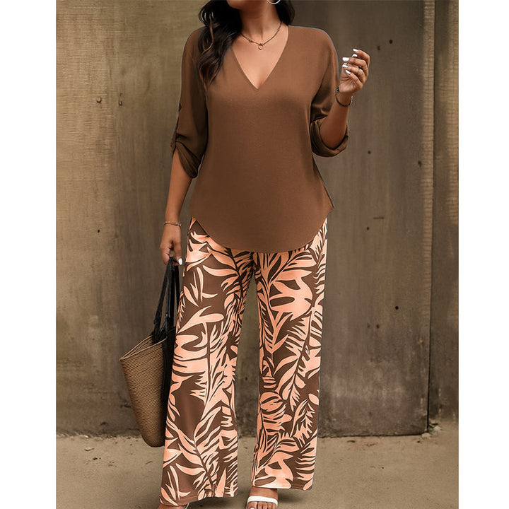 Liwia - Elegante Conjunto De Verano Con Blusa De Cuello en V Y Pantalones Estampados