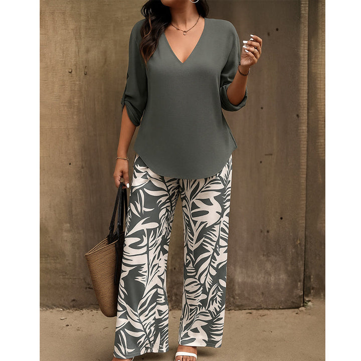 Liwia - Elegante Conjunto De Verano Con Blusa De Cuello en V Y Pantalones Estampados