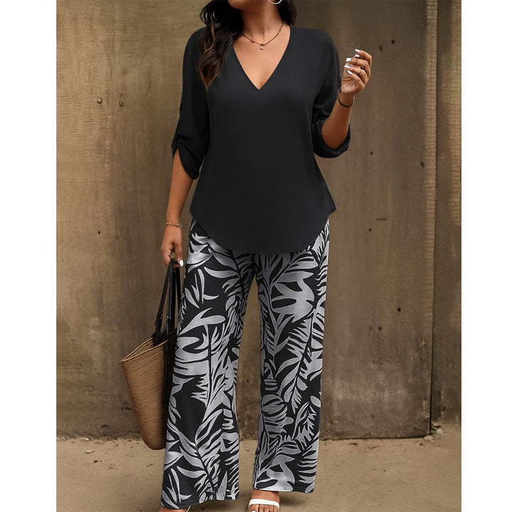 Liwia - Elegante Conjunto De Verano Con Blusa De Cuello en V Y Pantalones Estampados