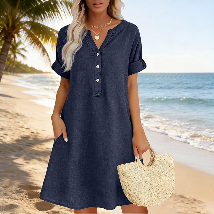 Jolande - Vestido Túnica Con Cuello en V y Bolsillos