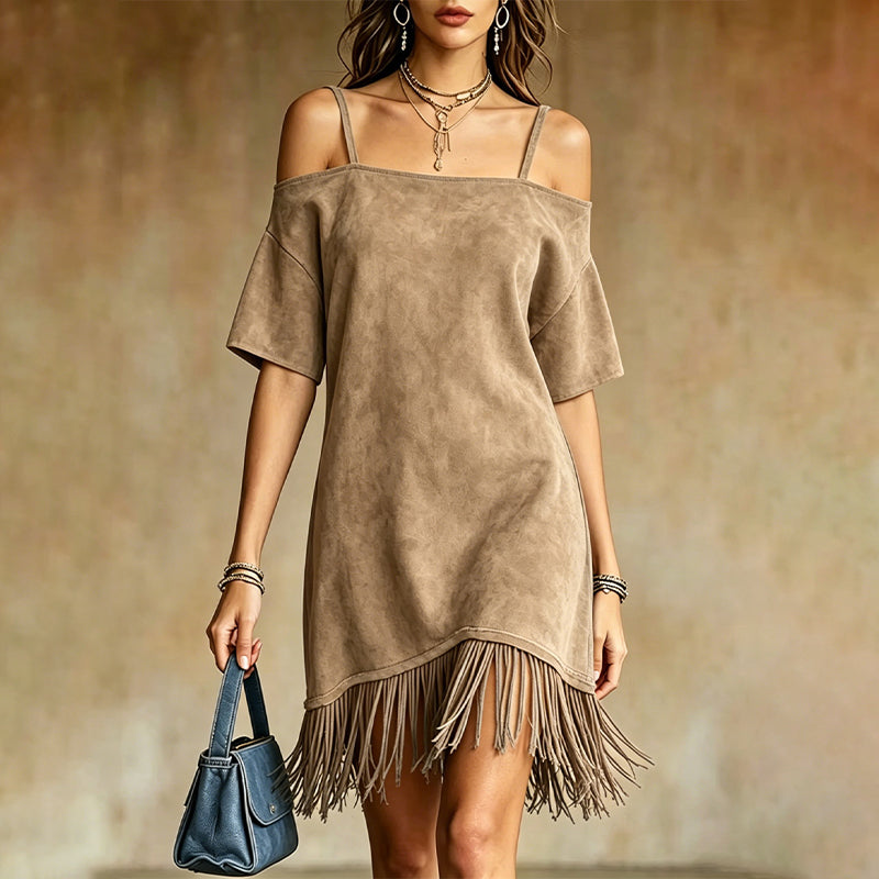 Lewina - Vestido Con Tirantes, Hombros Al Aire y Flecos