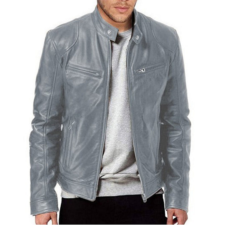 Emanual - Chaqueta de Cuero Con Cuello Alto y Cremallera
