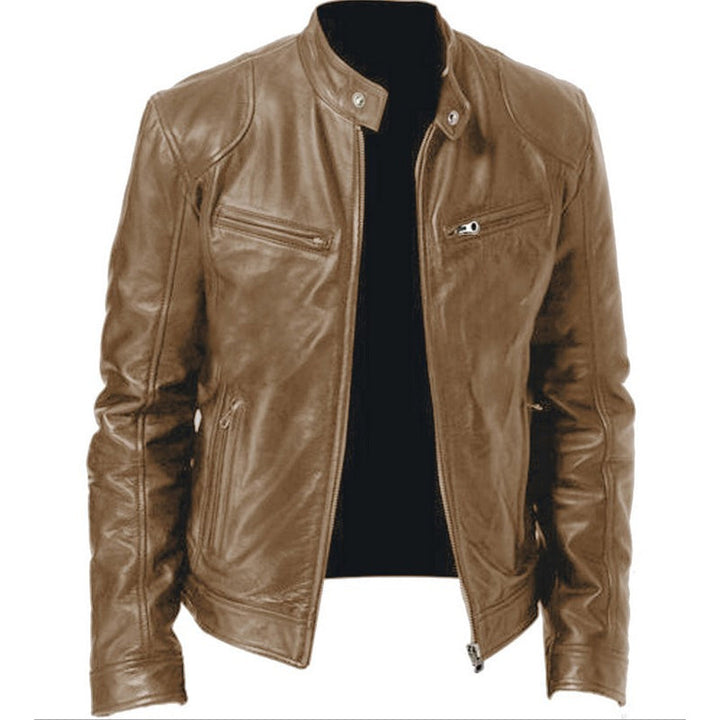 Emanual - Chaqueta de Cuero Con Cuello Alto y Cremallera