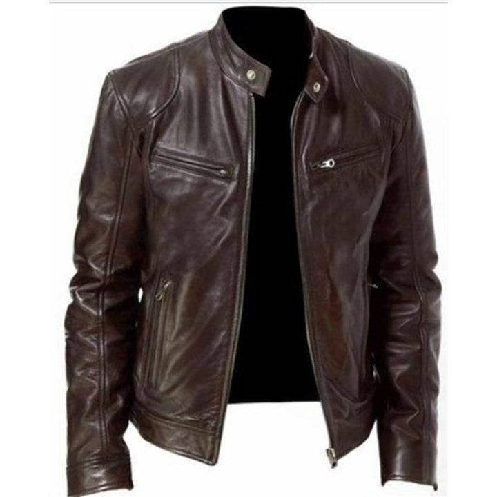 Emanual - Chaqueta de Cuero Con Cuello Alto y Cremallera