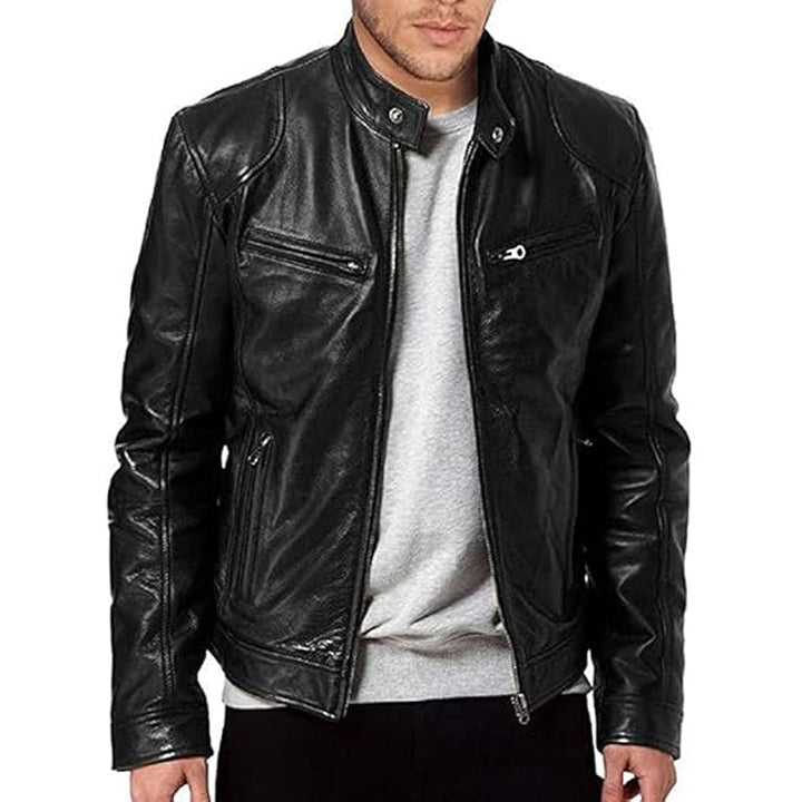 Emanual - Chaqueta de Cuero Con Cuello Alto y Cremallera