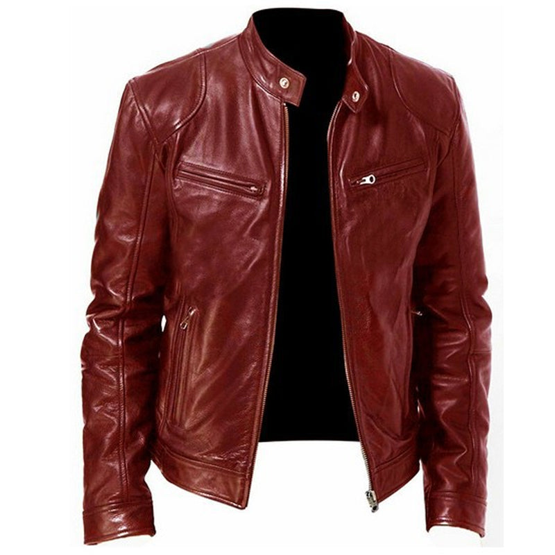 Emanual - Chaqueta de Cuero Con Cuello Alto y Cremallera