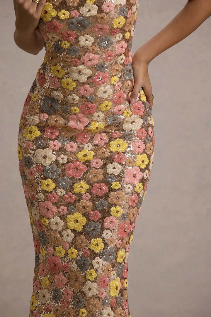Lolita - Vestido Largo de Tirantes Finos con Estampado Floral y Lentejuelas