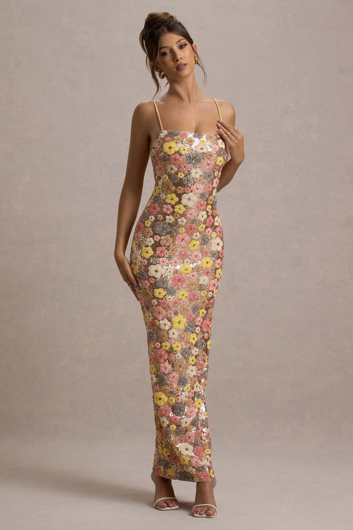 Lolita - Vestido Largo de Tirantes Finos con Estampado Floral y Lentejuelas